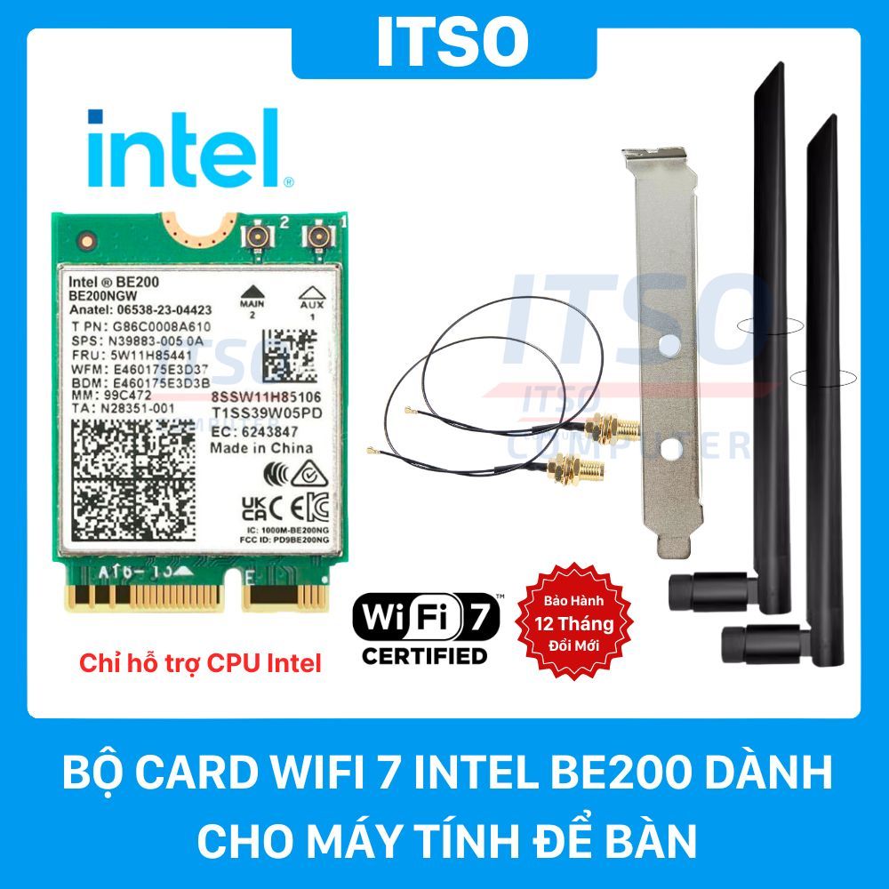 Bộ card WIFI 7 Intel BE200 M.2 dành cho PC (Ko hỗ trợ CPU AMD)