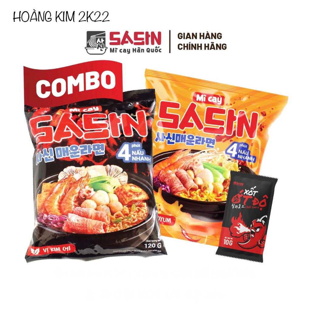 [ 2 GÓI 2 VỊ ] MÌ CAY SASIN VỊ KIM CHI & MÌ CAY SASIN VỊ SOYUM + 2 GÓI XỐT ỚT ĐỘ 10G.