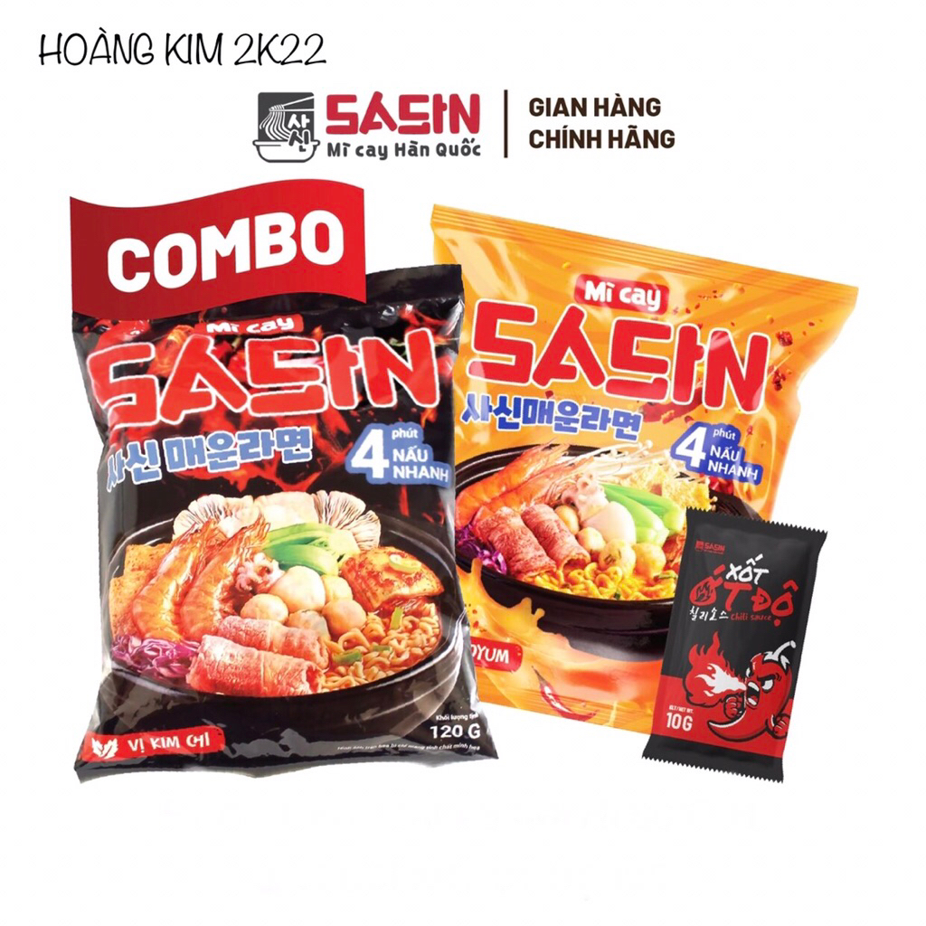 [ 2 GÓI 2 VỊ ] MÌ CAY SASIN VỊ KIM CHI & MÌ CAY SASIN VỊ SOYUM + 2 GÓI XỐT ỚT ĐỘ 10G