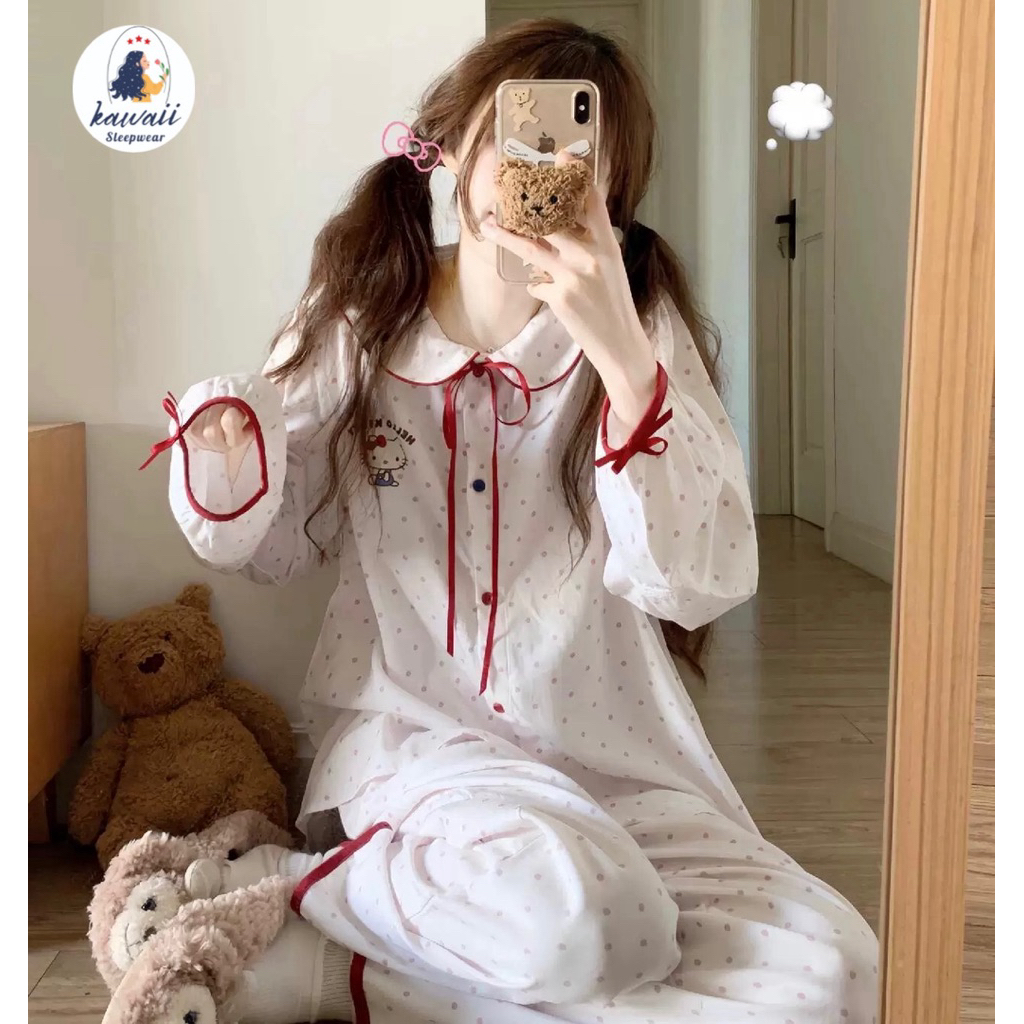 PIJAMA DÀI TAY HELLO KITTY CỔ SEN SIZE 45-58KG, ĐỒ NGỦ VẢI ĐŨI MỀM IN HÌNH MÈO HELLO KITTY DỄ THƯƠNG