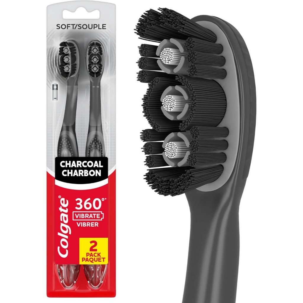Bộ 2 bàn chải đánh răng điện Colgate 360 Vibrate Charcoal Battery Operated Toothbrush Pack, Soft wit
