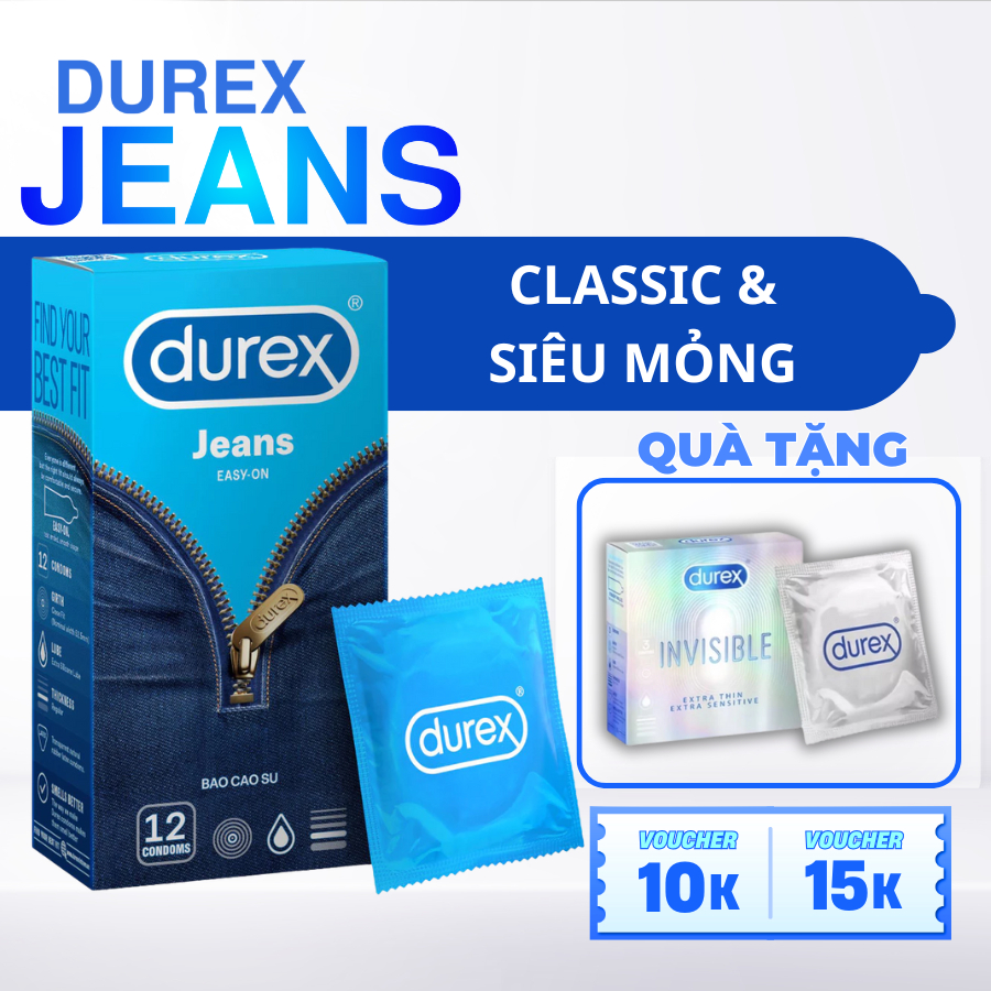 Bao cao su Durex Jeans Truyền Thống, Siêu Mỏng, Nhiều Gel Bôi Trơn, size 52.5mm - Hộp 12 Bcs
