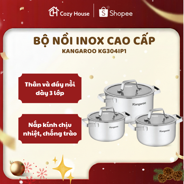{Inox 201 dày 0.5mm} Bộ nồi đáy 5 lớp cao cấp size 16-20-24 Kangaroo KGIP3B4E