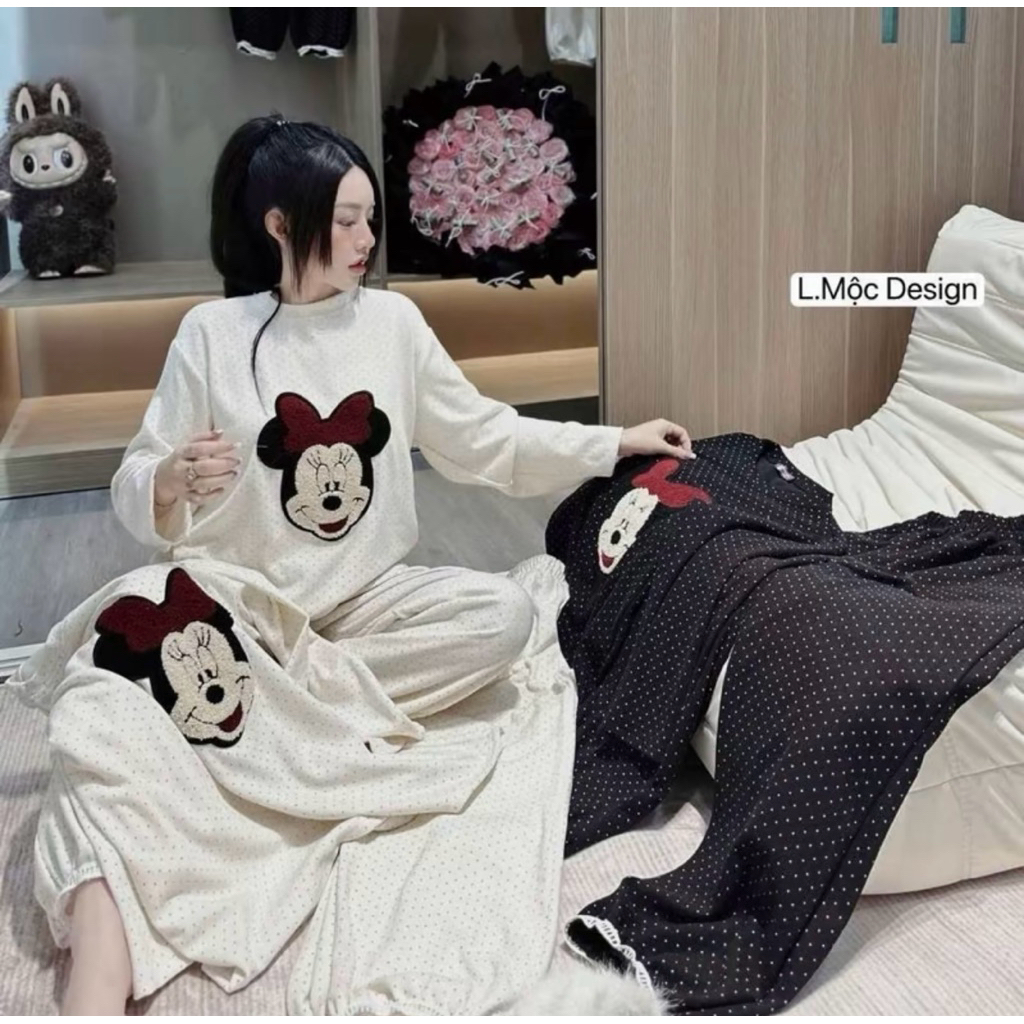 Set Bộ Nữ , Set Bộ Tăm Lông Thỏ Thêu Hình Nơ ĐỎ Chấm Bi