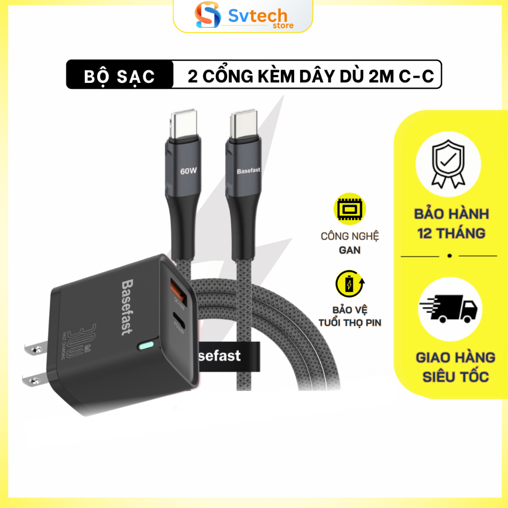 Bộ sạc nhanh 30W Basefast củ 1-2 cổng cáp bọc dù 1M-2M siêu bền dùng cho Phone 15 16 17PRM, androi