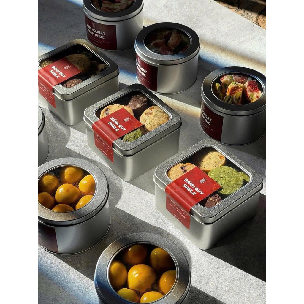 Hộp Thiếc, Hộp Thiếc Tròn - Vuông đựng bánh quy, bánh kẹo Tết, Set quà tết