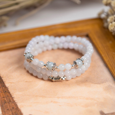 Vòng Tay Bạch Ngọc Phỉ Thúy Type A Nếp Băng Quấn 3 Vòng Lõi Thun Co Giãn Mix Charm Bạc - Ngọc Trai Trường Thịnh