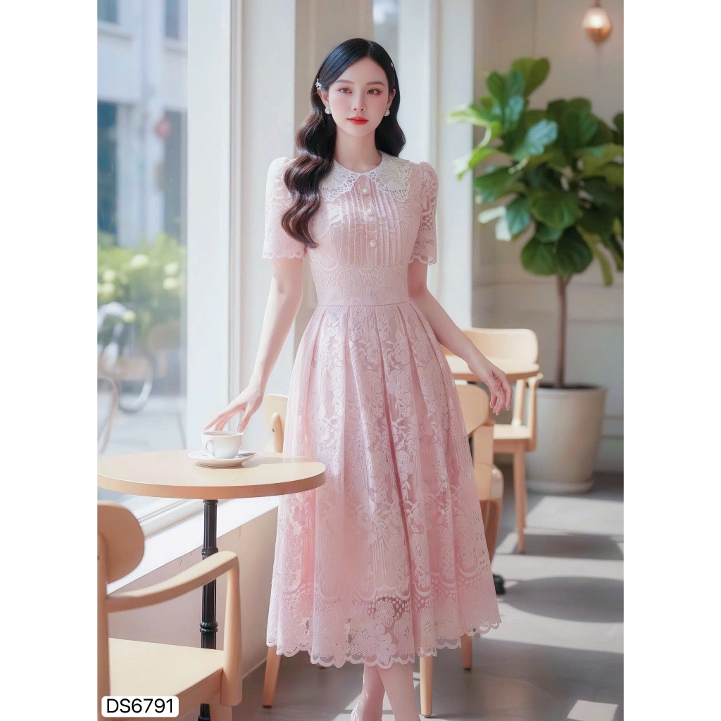 DS6791 Váy ren hồng xinh đi tiệc cưới, váy nữ nhẹ nhàng điệu đà hẹn hò, quà tặng sinh nhật, váy tiểu
