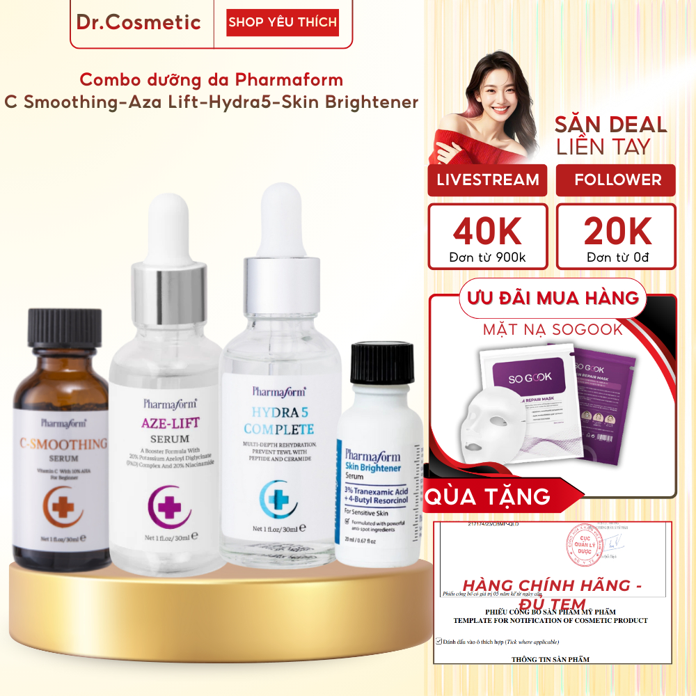 Serum Pharmaform tinh chất B5 cấp ẩm, Aze-lift mờ thâm, Skin Brightener, Vitamin C sáng da 20ml 30ml