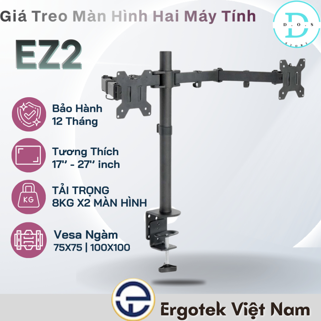 Tay Đỡ 2 Màn Hình ErgoTek EZ2 17-27 Inch - Monitor Arm Đôi Treo Màn Hình Máy Tính PC Setup Đa Năng