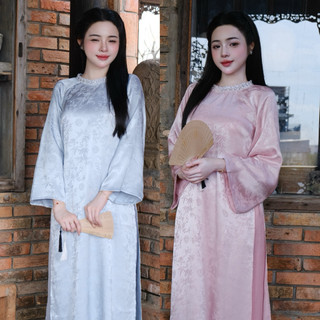  TÂM GIAO - Áo Dài Suông Truyền Thống Gấm Tiểu Trúc Cổ Áo Kết Đá 