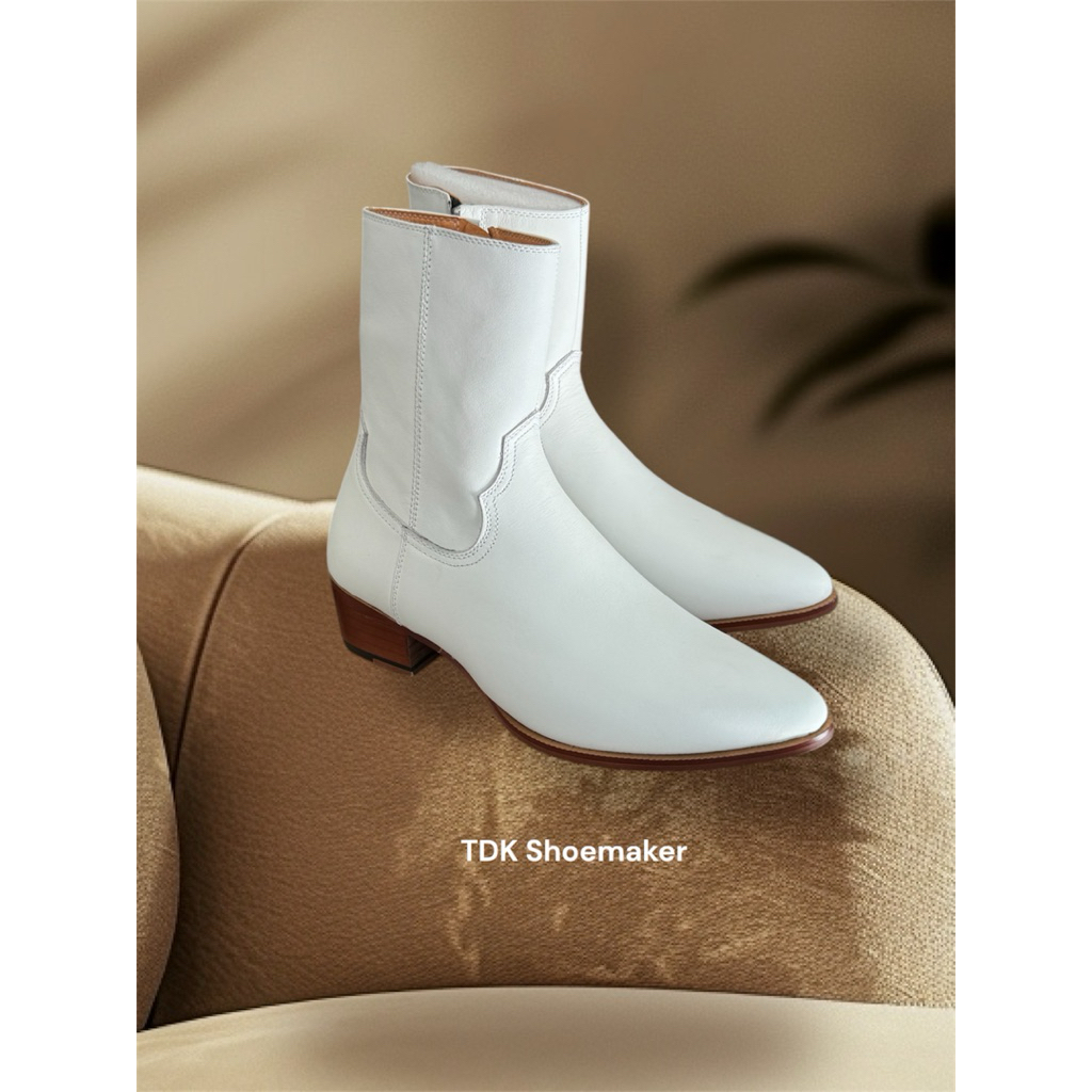 Lukas Boots White Da Bò Zip Bốt Nam Trắng Đế Vàng Gót Gỗ 5cm Mũi Nhọn Khóa Kéo YKK - TDK Shoemaker