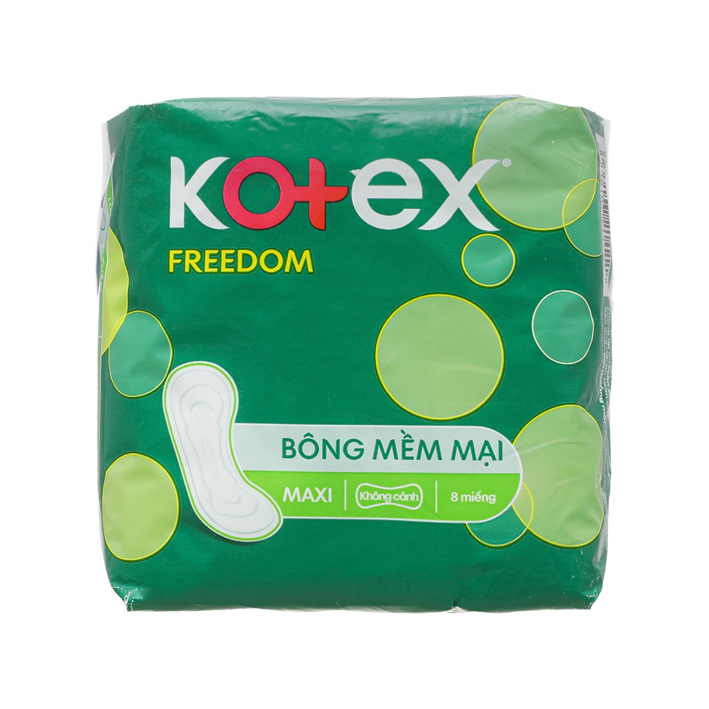 Băng vệ sinh Kotex Freedom maxi Không Cánh - Bịch 8 miếng, Bông mềm mại cho da nhạy cảm