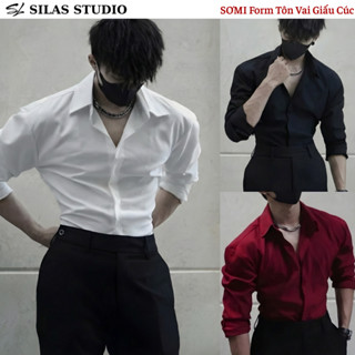   Form Tôn Vai  Áo Sơ Mi SILAS Trơn Cotton Chéo Nam Giấu Cúc Thoáng Mát Form Tôn Vai Chiết Eo - ASL1 