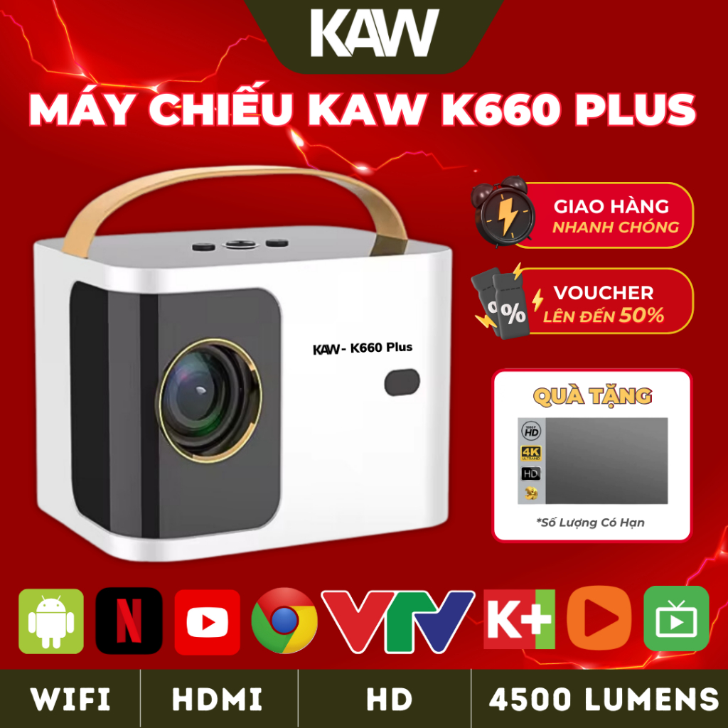 Máy Chiếu KAW Mini K660 PLUS, Chất Lượng Siêu Nét, Kết Nối WIFI, Điện thoại, Máy tính, Bh Chính Hãng