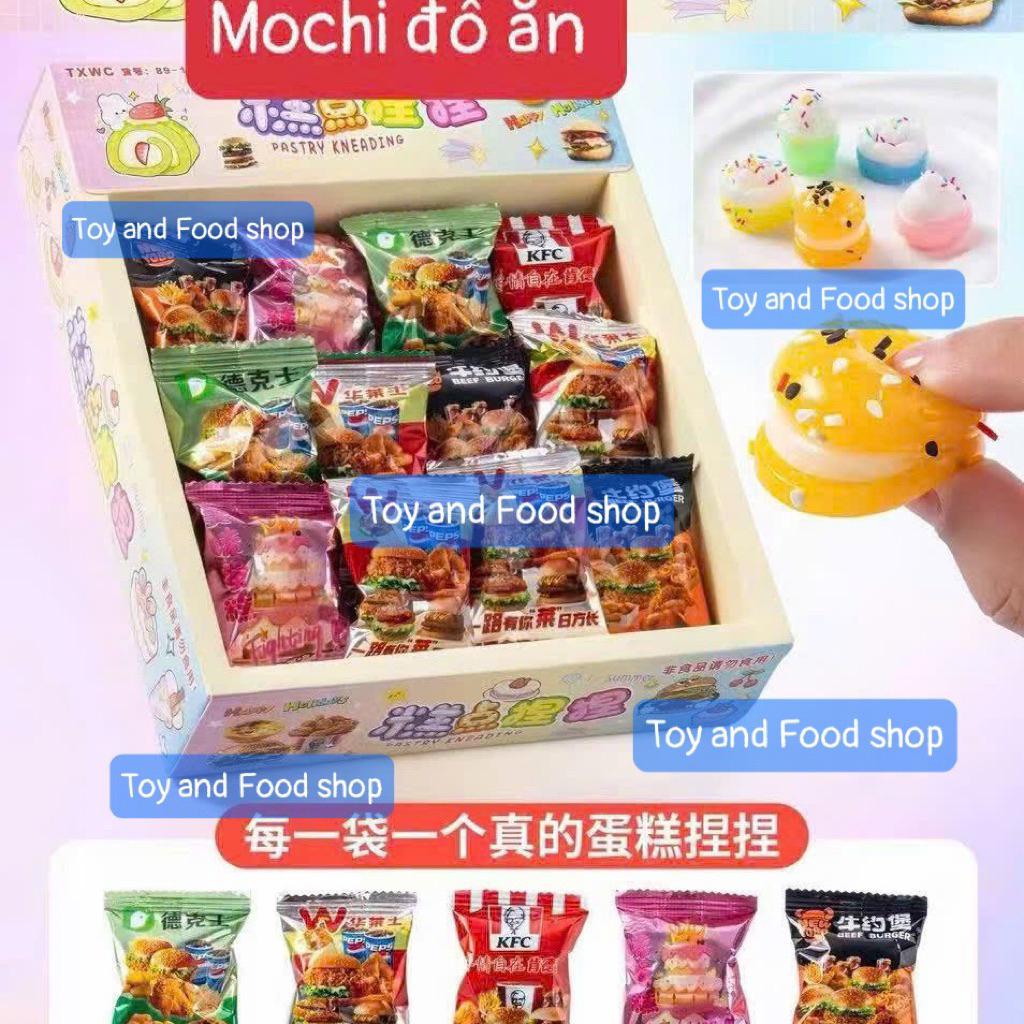 Hộp 24 đồ chơi túi mù Squishy Mochi đồ ăn siêu xinh