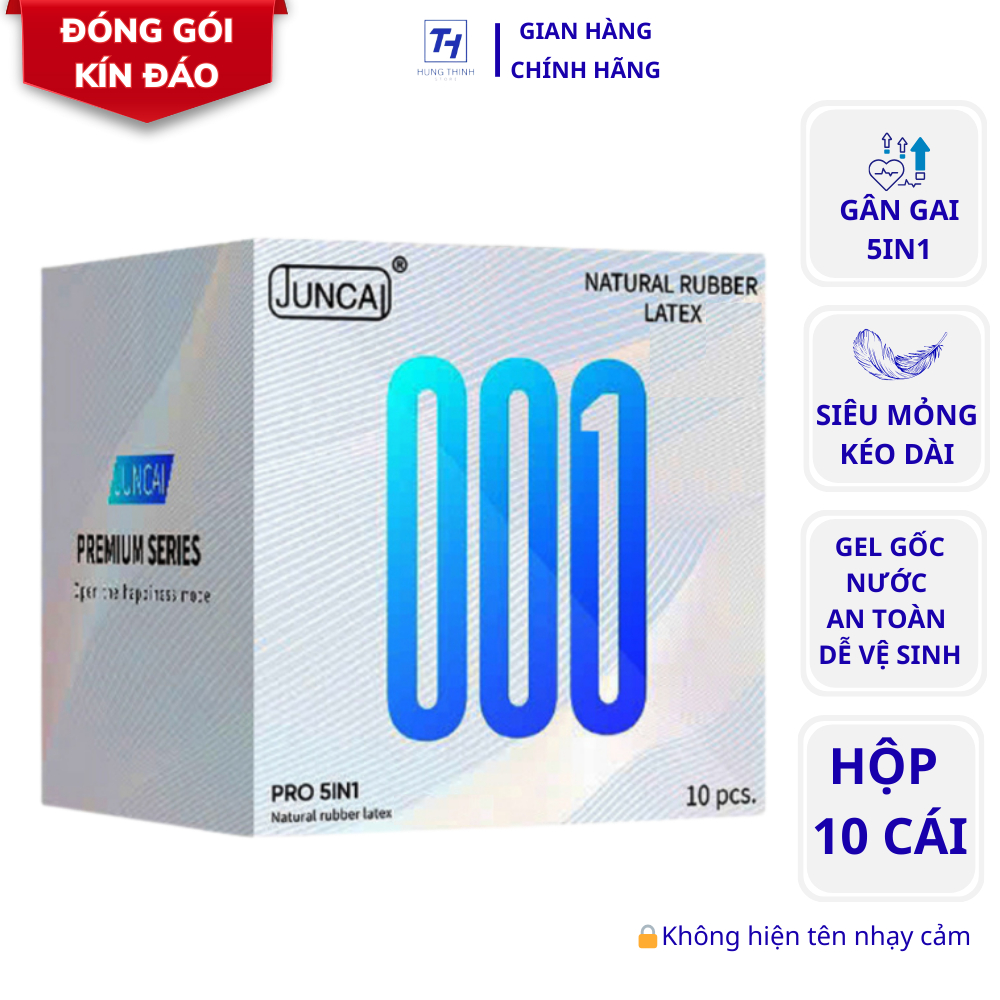 Bao cao su Juncai Pro 5in1 – Siêu mỏng, gai nổi, kéo dài, nhiều gel – Chuẩn ISO/CE (Hộp 10 cái)
