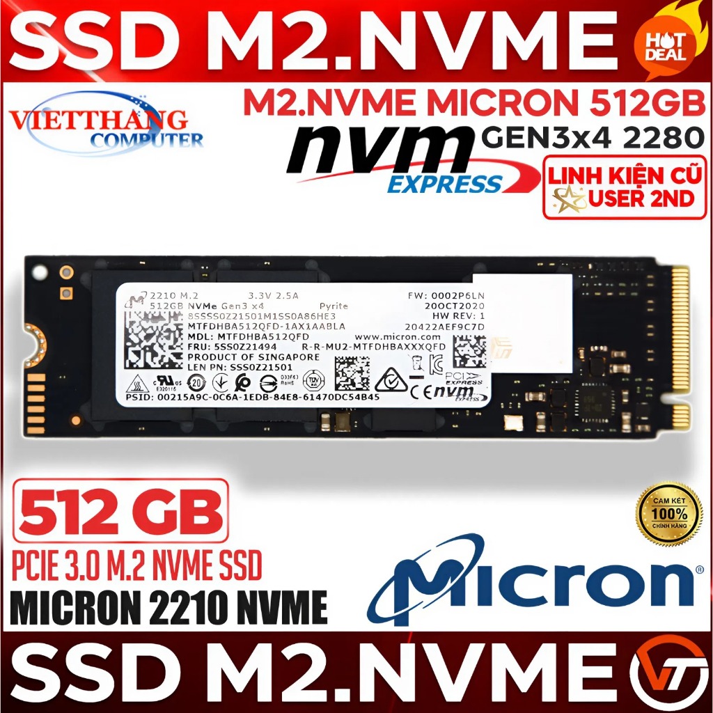 Ổ cứng SSD M2 Nvme Micron 2210 512GB Gen3x4 2280 SSD M2.Nvme cũ đã qua sử dụng ( Cũ - 2nd )