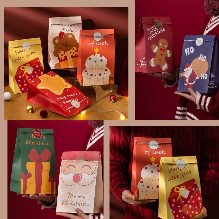 Combo 6 Túi Giấy Đựng Quà Noel Cap cấp, Hộp Đựng Quà Giáng Sinh Nhiều Màu Kèm Sticker - BAKERY KING