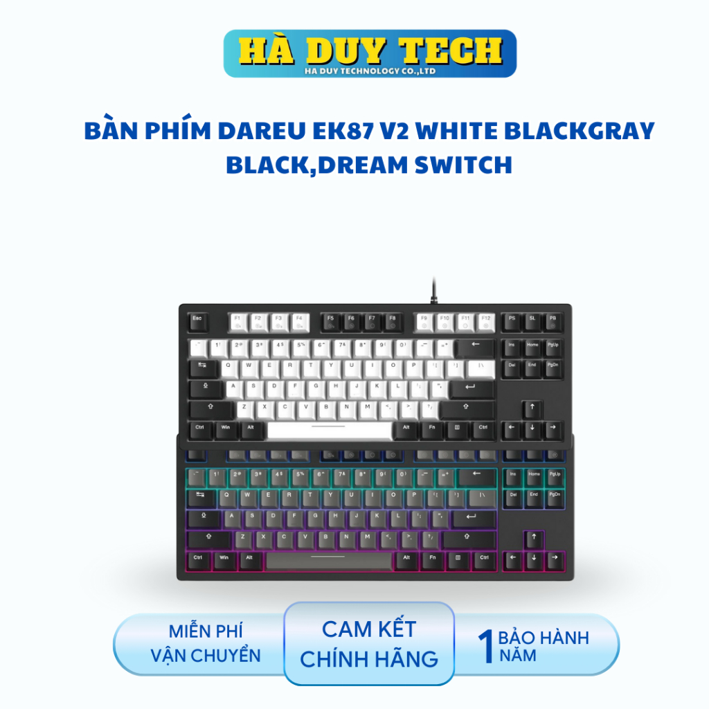Bàn Phím DAREU EK87 V2 WHITE BLACK/GRAY BLACK,DREAM SWITCH-Cam Kết Chính Hãng - BH 12T - Hà Duy Tech