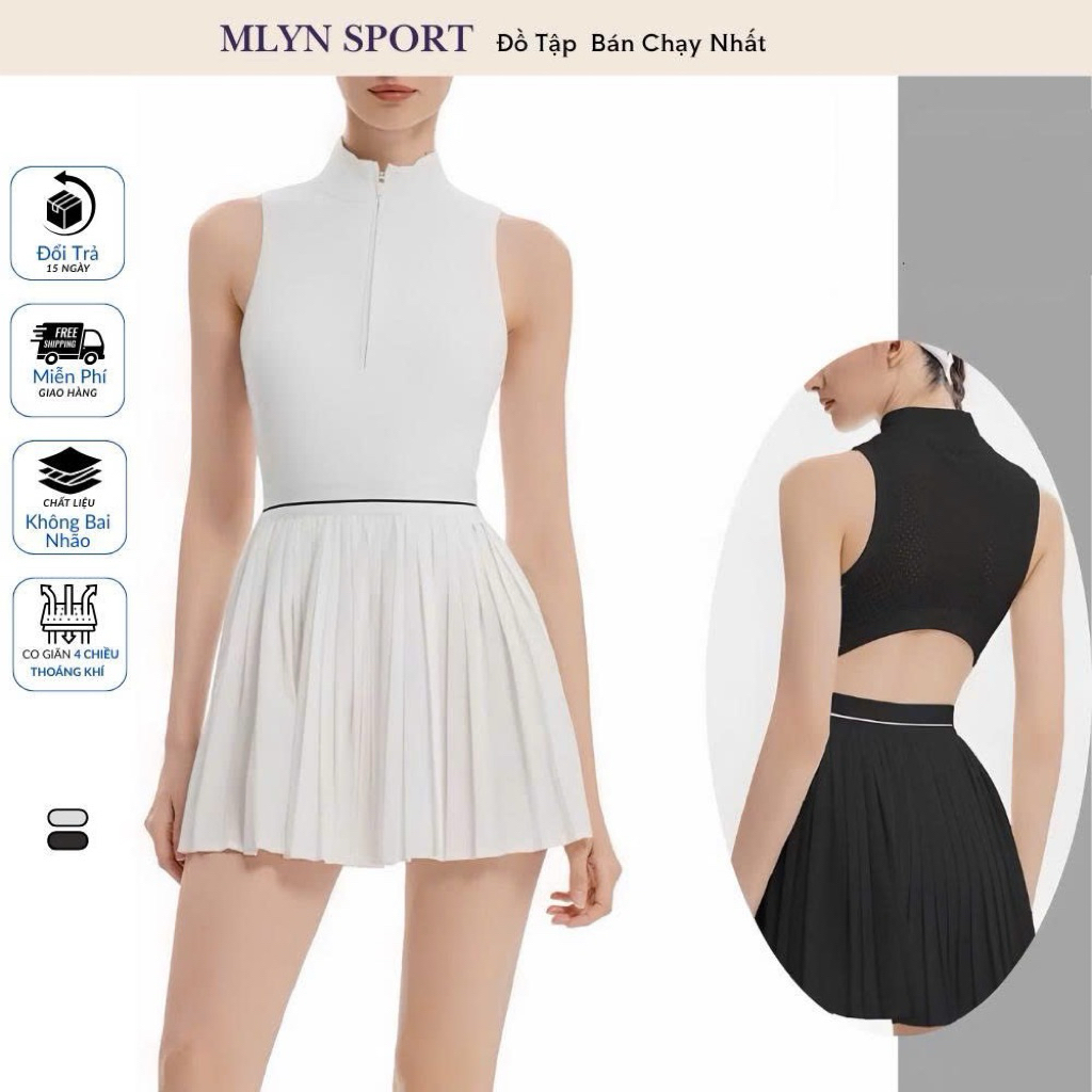 MLYN SPORT Váy Tennis Nữ Cao Cấp – Đầm Thể Thao Nữ Xếp Ly, Cổ Lọ Khóa Kéo, Hở Lưng, Co Giãn 4 Chiều 