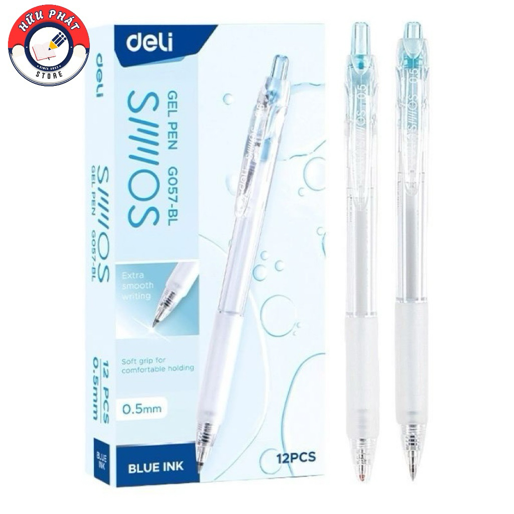 Hộp 12 bút bi nước gel Deli 0.5mm G057 - chính hãng- thay được ruột béo M&G, Deli
