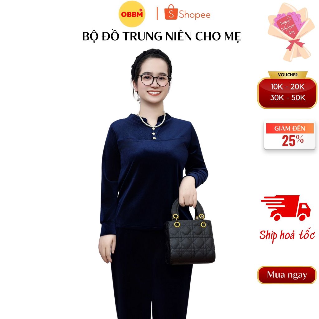 Bộ đồ nữ trung niên OBBM ms909, chất nhung tuyết cổ tàu cao cấp, tặng mẹ tặng bà sang trọng