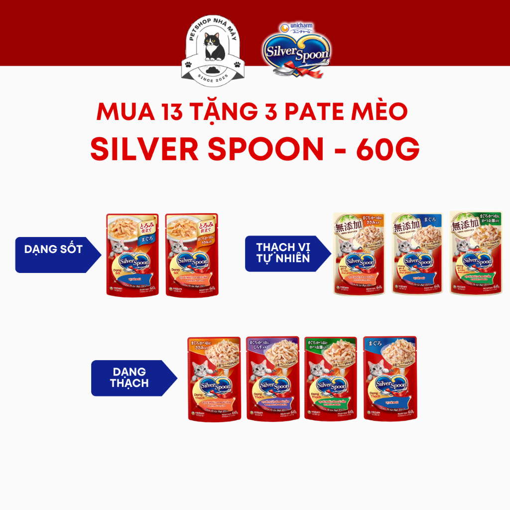 [MUA 13 TẶNG 3] Thức Ăn Ướt Cho Mèo Silver Spoon 60g - Pate Mèo Dạng Thạch / Sốt Nhiều Vị