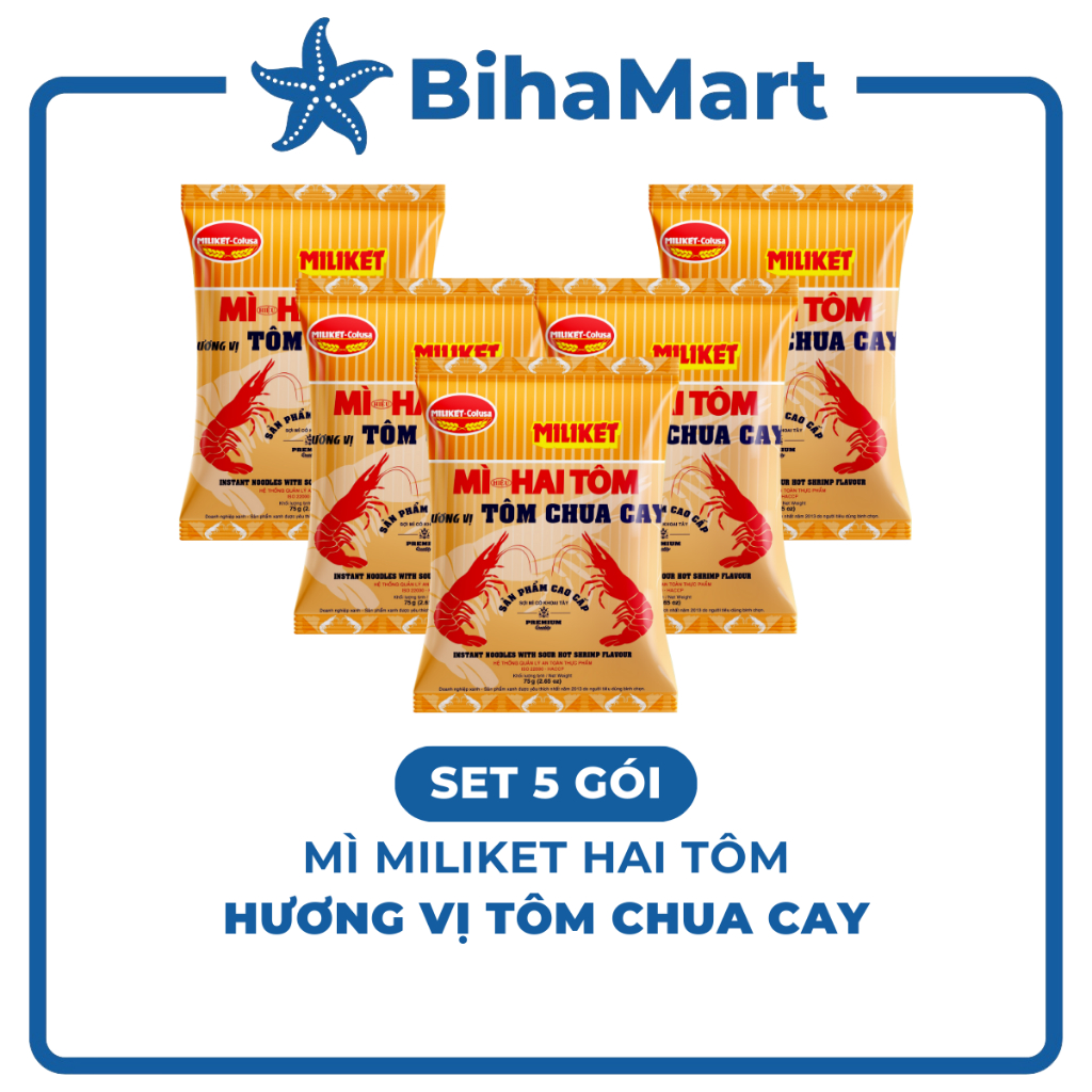 [SET5GÓI]- COLUSA - Mì giấy Miliket Hai Tôm gói vị Tôm chua cay, Mì tôm hiệu Hai Tôm Miliket hiệu 2 