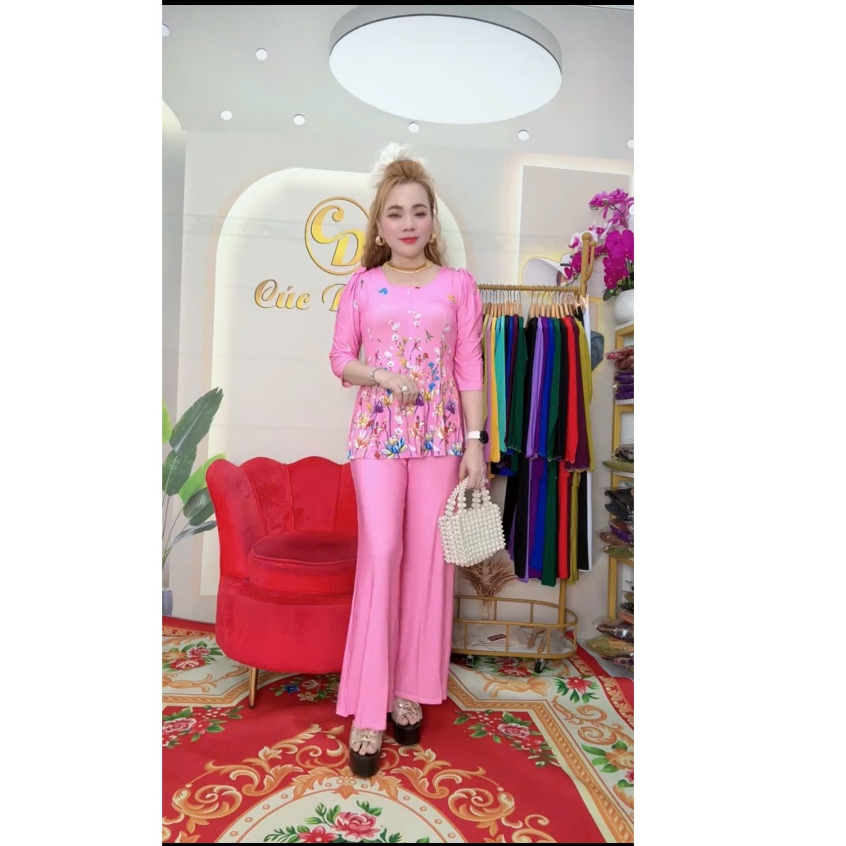 Set bà ba nữ, áo tay phồng cổ vuông in hoa văn + quần dài ống rộng (NB-BBINCOVUONG) - Cúc Dưỡng