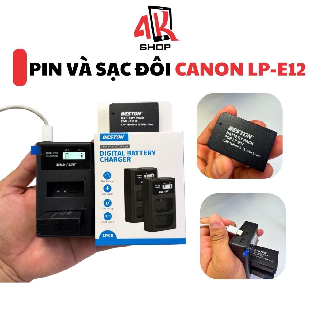 Pin Canon LP-E12 và sạc đôi type-c LCD cho Canon LP E12 dùng cho máy ảnh M10 M50 M100 M200 M50 II