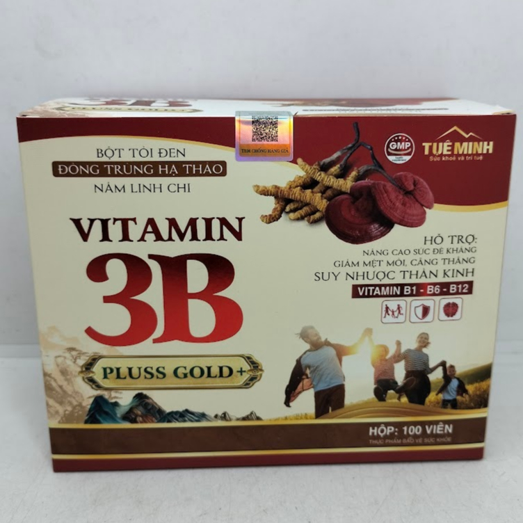 Vitamin 3B Pluss gold+ Tuệ Minh - Bột tỏi đen Nấm Linh Chi Đông Trùng Hạ Thảo - B1 B6 B12 Hộp 100 vi