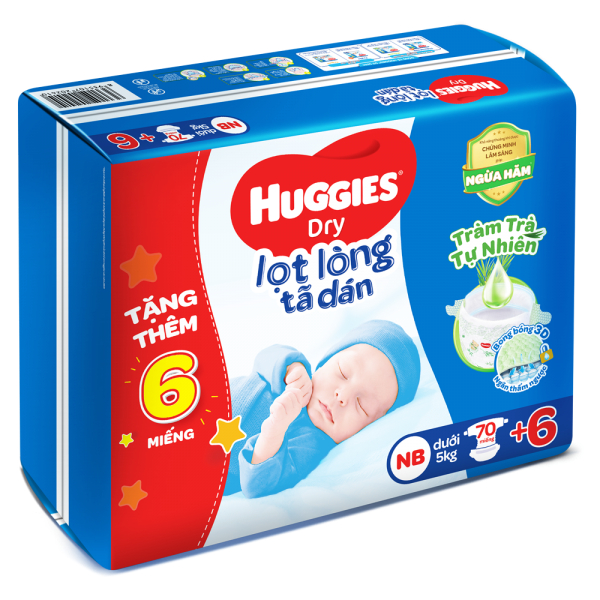 (Thanh lý) Tã dán sơ sinh Huggies tràm trà NB70 tặng 6m