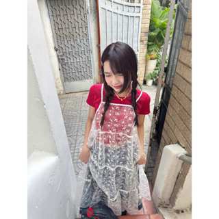   TẶNG DÂY CHUYỀN  Đầm yếm ren tầng hoa nổi dáng dài nữ tính layer phong cách vintage Hàn Quốc_REMI 