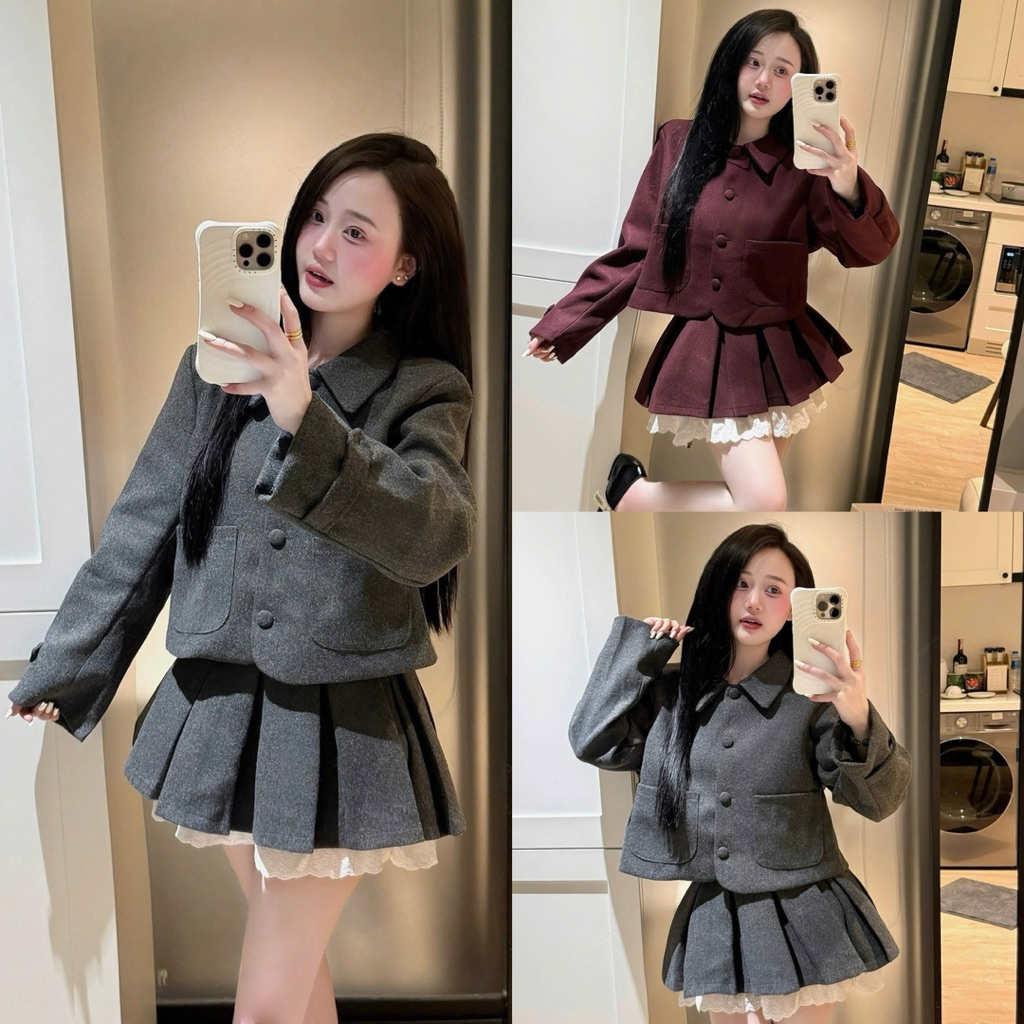 [S2.4246] Set Dạ Cổ Sen Cúc Bọc Hàng 2 Lớp Mix Chân Váy Xếp Ly Phối Ren 2 Màu