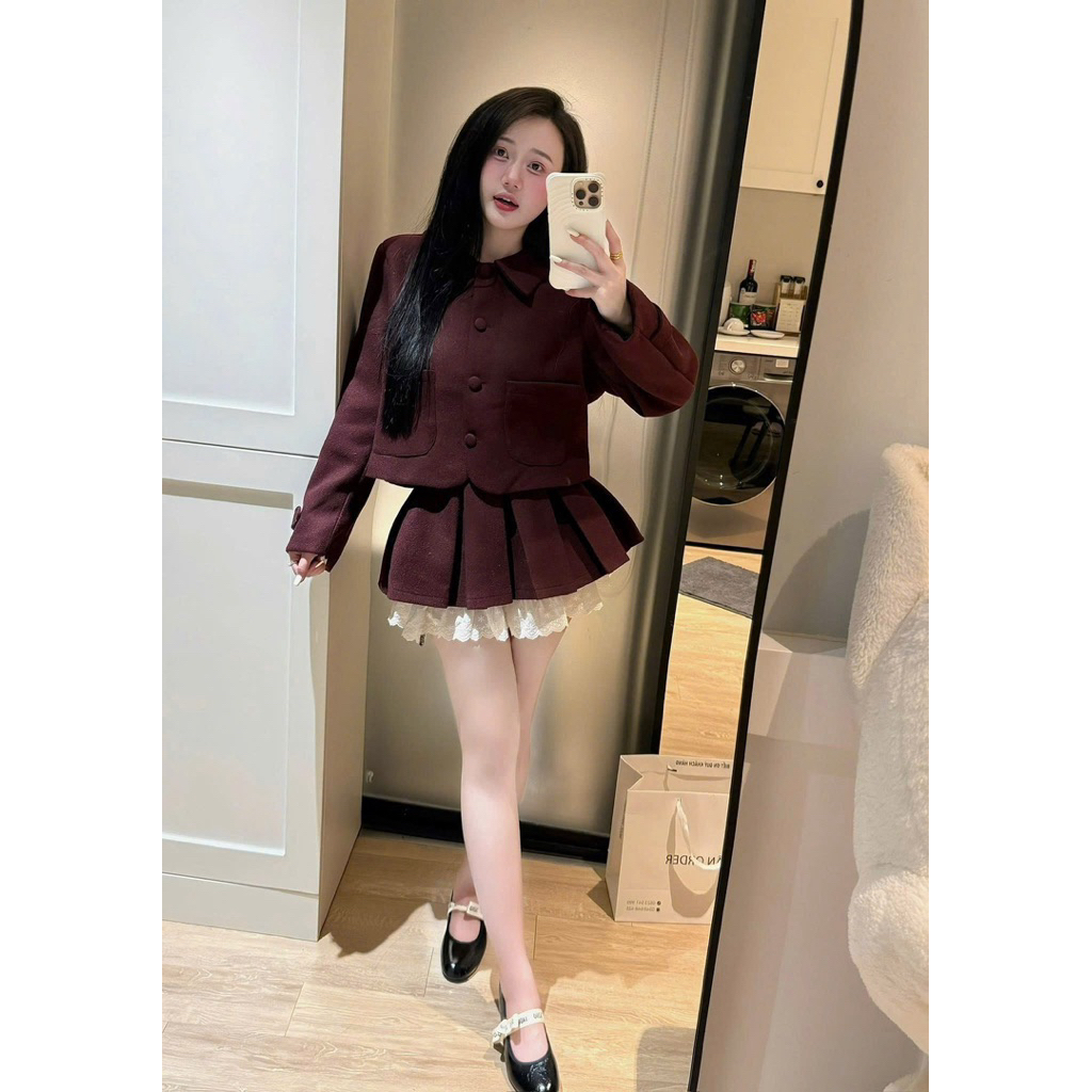 [S2.4246] Set Dạ Cổ Sen Cúc Bọc Hàng 2 Lớp Mix Chân Váy Xếp Ly Phối Ren 2 Màu | BigBuy360 - bigbuy360.vn