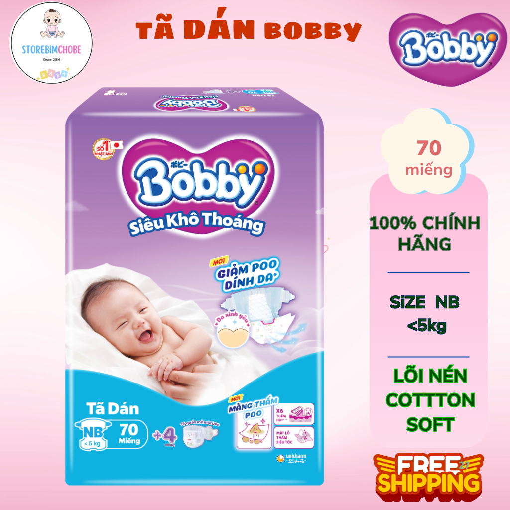 Bỉm tã dán sơ sinh Bobby NB70 mới- Lõi nén cotton-soft 3mm