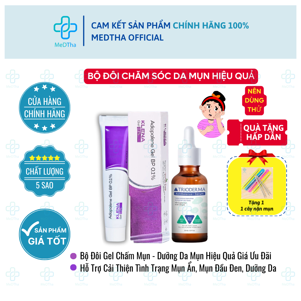 Bộ Đôi Chăm Sóc Da Mụn Klena Gel + Serum Trioderma - Giảm Mụn, Dưỡng Sáng, Mờ thâm, Dưỡng Da