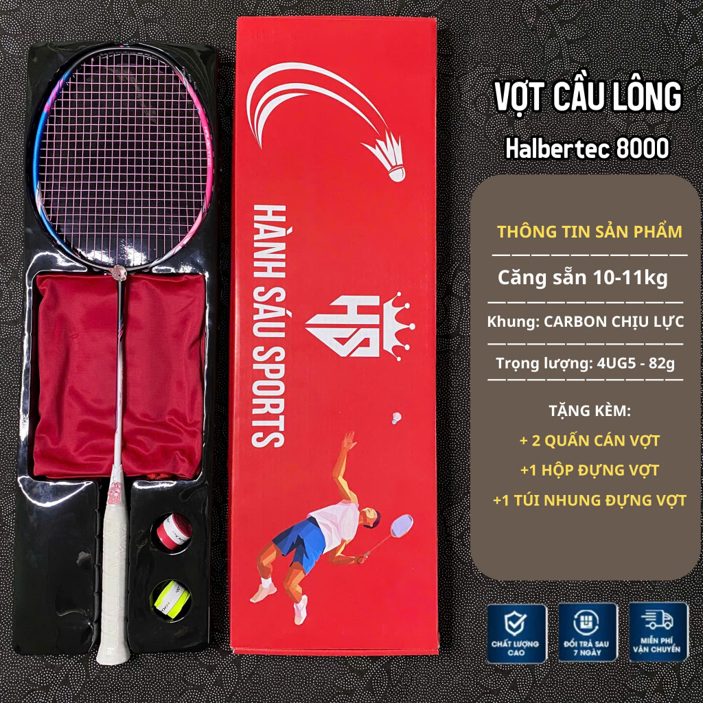 Vợt cầu lông Liningg Halbertec 8000 Full hộp khung carbon trợ lực căng sẵn 11kg tặng quấn cán, túi đ