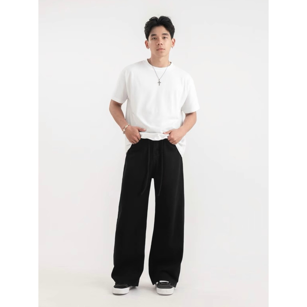 [FULL MÀU - TẶNG KÈM DÂY THỪNG] QUẦN JEANS TRƠN ỐNG SIÊU RỘNG TRẮNG/ĐEN PHỐI DÂY THỪNG UNISEX NAM NỮ HALO KAKI | BigBuy360 - bigbuy360.vn