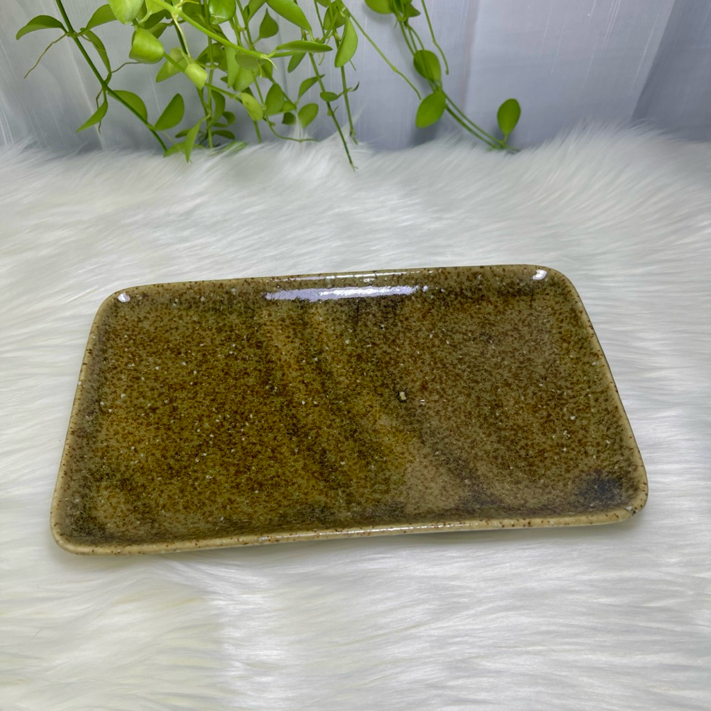 HANA HOUSE-Đĩa Chữ Nhật Men Xanh Rêu 22cm– Gốm Nhật 2Hand, Đĩa Bày Sushi Sang Trọng