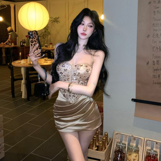  GDCARRY Váy lụa hai dây phối kim tuyến bling bling - Váy lụa cúp ngực ôm body sexy quyến rũ 