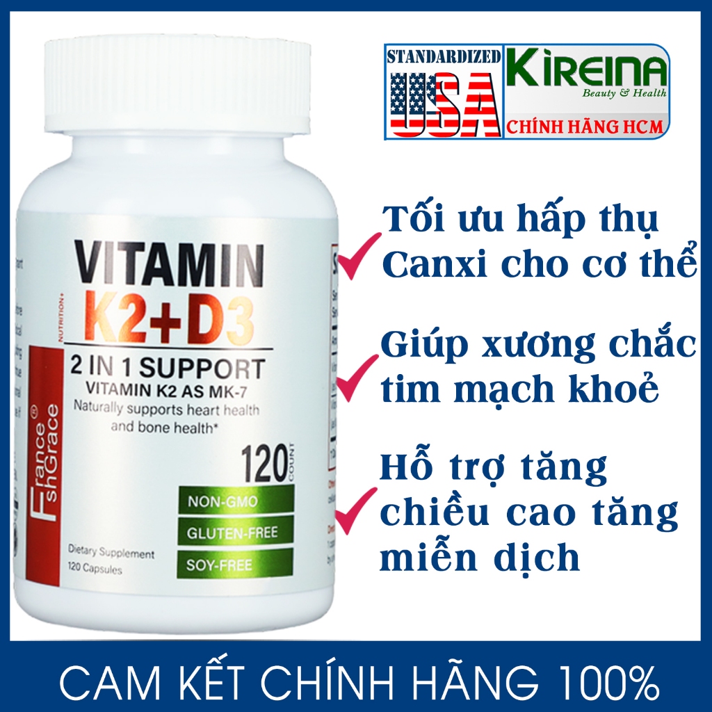 Viên uống vitamin K2 & D3 tối ưu hấp thụ canxi Hỗ trợ tăng chiều cao 5000 IU D3 & 90mcg K2 120 viên