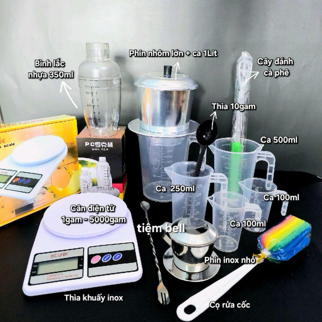 Bộ dụng cụ pha cà phê như hình (Phin nhôm lớn, cân ,cây đánh cf, thìa khuấy, ly định lượng, phin ino