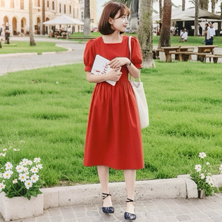 Đầm midi cam cổ vuông thắt nơ, váy du lịch dạo phố (kèm hình thật)