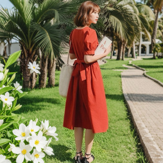 Đầm midi cam cổ vuông thắt nơ, váy du lịch dạo phố (kèm hình thật)