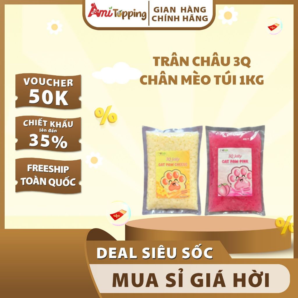 Thạch trân châu 3Q chân mèo Desa vị đào hồng và phô mai gói 1kg topping trà sữa trái cây sữa chua
