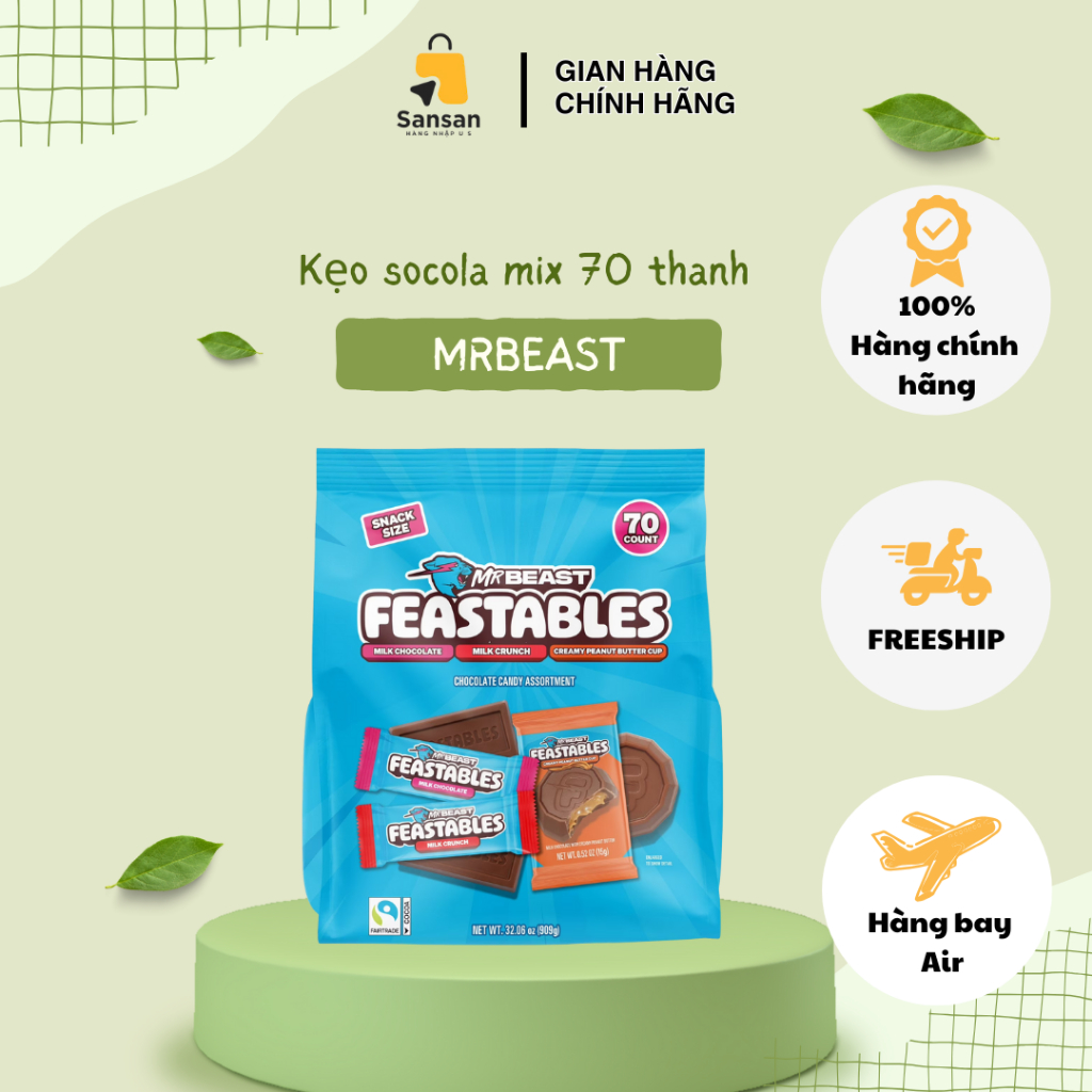 Kẹo Socola Mrbeast Frestables Mix 3 vị Milk Chocolate, Milk Crunch, Creamy Peanut Butter Cup, 70 tha