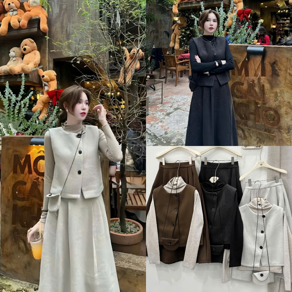 (Hàng Cao Cấp): Set Dạ Váy 3 Món Gile+Áo Cổ Lọ +Chân Váy Dạ Xuông Dài Mảnh Chuẩn L1 -Ảnh Thật Lollay