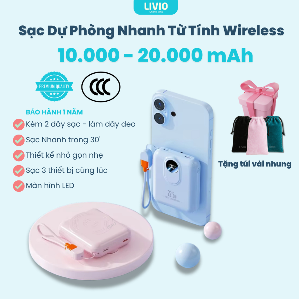 [Hỏa tốc] Sạc dự phòng không dây từ tính wireless LIVIO 10000mAh, có CCC, sạc nhanh 22.5W, kèm 2 dây cáp sạc, màn hình L